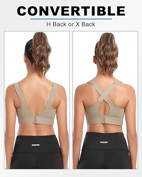 Women Polyester Spandex High Impact Front Zip Sports Bra Longline Fitness Criss Cross Back Crop Tops with Adjustable Velcro Strap at Band and Shoulder for Gym, Yoga & Workout