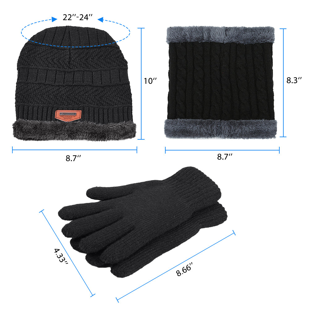 3 Pcs Men's Hat Scarf Gloves Set Warm Beanie Fleece Lining Scarf