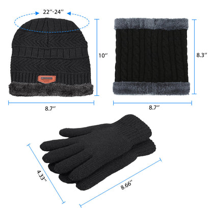 3 Pcs Men's Hat Scarf Gloves Set Warm Beanie Fleece Lining Scarf