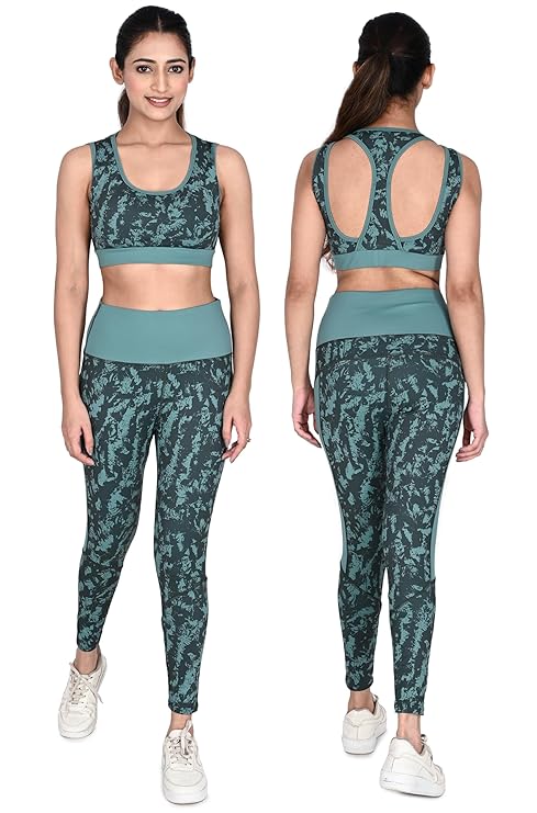 High Waist Stretchable Gym Tights and Stylish Bra Gym wear/Active Wear Yoga Flair Pants Dance Womens Workout Tights and Top Stretchable Sportswear Set