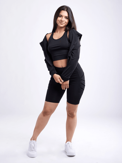 High-Waisted Workout Shorts with Pockets & Criss Cross Design