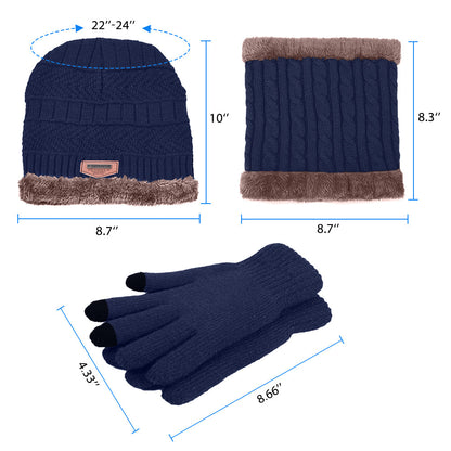 3 Pcs Men's Hat Scarf Gloves Set Warm Beanie Fleece Lining Scarf