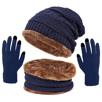 3 Pcs Men's Hat Scarf Gloves Set Warm Beanie Fleece Lining Scarf
